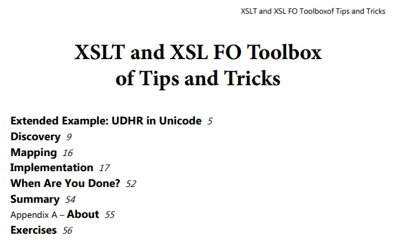 「XSLT and XSL FO Toolbox of Tips and Tricks」（XSLT と XSL-FO の実践のためのコツとヒント）