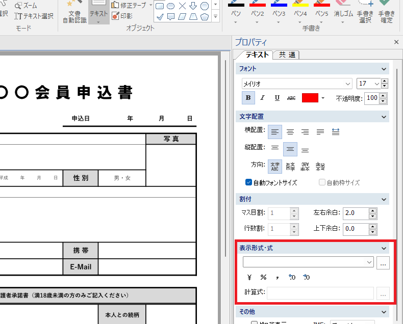 プロパティペイン「テキスト」タブの表示形式