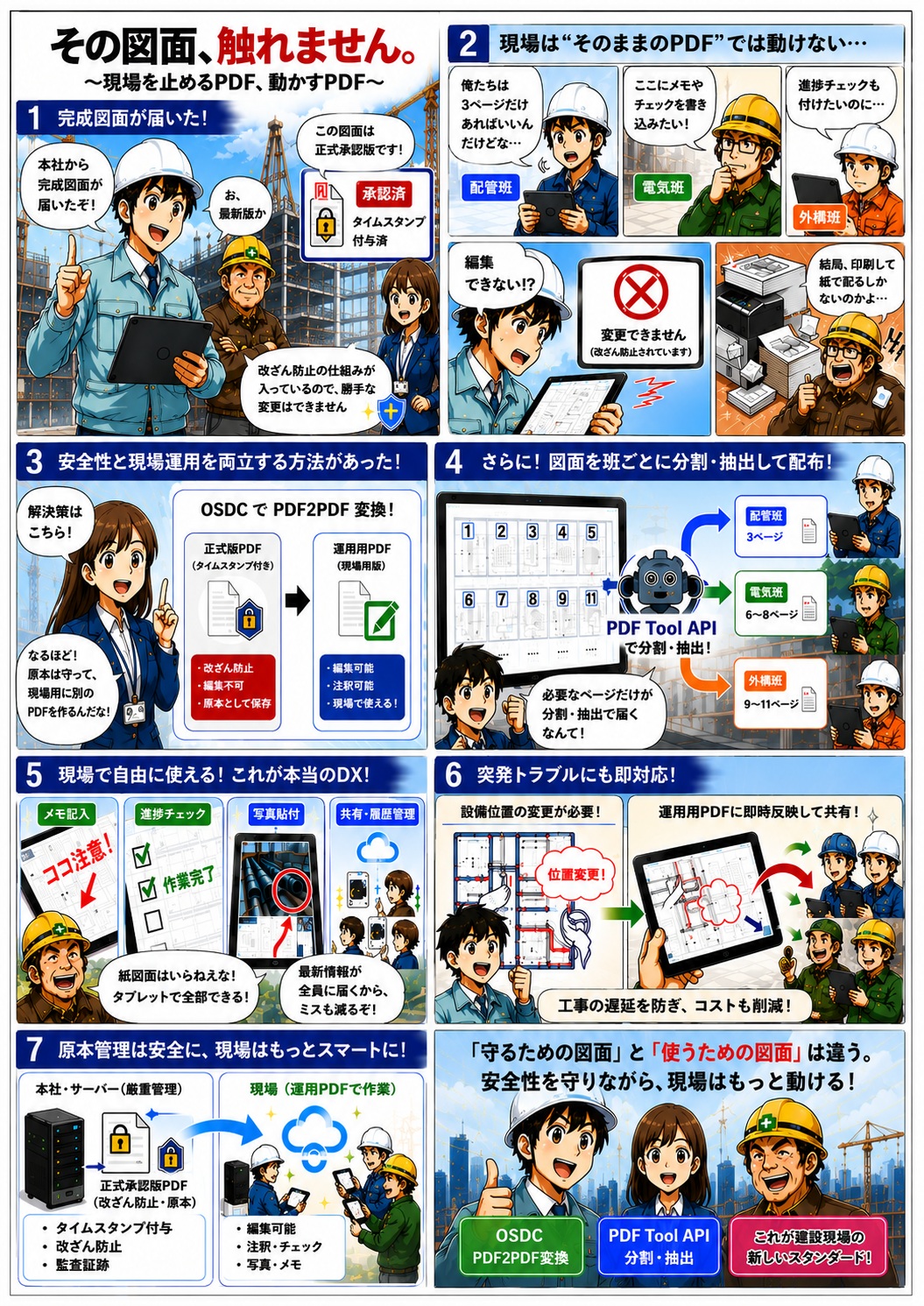 1. その図面、触れません。 サブタイトル ～現場を止めるPDF、動かすPDF～ 完成図面が届いた！ 本社から完成図面が届いたぞ！ お、最新版か この図面は正式承認版です！ 承認マーク 承認済 タイムスタンプ付与済 説明 改ざん防止の仕組みが入っているので、勝手な変更はできません。
2. 現場は“そのままのPDF”では動けない… 配管班 俺たちは3ページだけあればいいんだけどな… 電気班 ここにメモやチェックを書き込みたい！ 外構班 進捗チェックも付けたいのに… 問題 編集できない!? 変更できません （改ざん防止されています） 困りごと 結局、印刷して紙で配るしかないのか… 3. 安全性と現場運用を両立する方法があった！ 解決策はこちら！ なるほど！ 原本は守って、現場用に別のPDFを作るんだね！ OSDCでPDF2PDF変換！ 正式版PDF（タイムスタンプ付き） ・改ざん防止 ・編集不可 ・原本として保存 運用用PDF（現場利用版） ・編集可能 ・注釈可能 ・現場で使える！ 4. さらに！図面を班ごとに分割・抽出して配布！ PDF Tool APIで分割・抽出！ 必要なページだけが分割・抽出で届くなんて！  配管班 3ページ 電気班 6〜8ページ 外構班 9〜11ページ 5. 現場で自由に使える！これが本当のDX！ メモ記入 ココ注意！  進捗チェック 作業完了 写真貼付（写真イメージ） 共有・履歴管理 （クラウド共有イメージ） 紙図面はいらねぇな！ タブレットで全部できる！ 最新情報が全員に届くから、ミスも減るぞ！ 6. 突発トラブルにも即対応！ 設備位置の変更が必要！ 位置変更！ 運用用PDFに即時反映して共有！ 工事の遅延を防ぎ、コストも削減！ 7. 原本管理は安全に、現場はもっとスマートに！ 本社・サーバー（厳重管理） 正式承認版PDF（改ざん防止・原本） ・タイムスタンプ付与 ・改ざん防止 ・監査証跡 現場（運用PDFで作業） ・編集可能 ・注釈・チェック ・写真・メモ 最終メッセージ 「守るための図面」と「使うための図面」は違う。 安全性を守りながら、現場はもっと動ける！ OSDC PDF2PDF変換 PDF Tool API 分割・抽出 これが建設現場の新しいスタンダード！