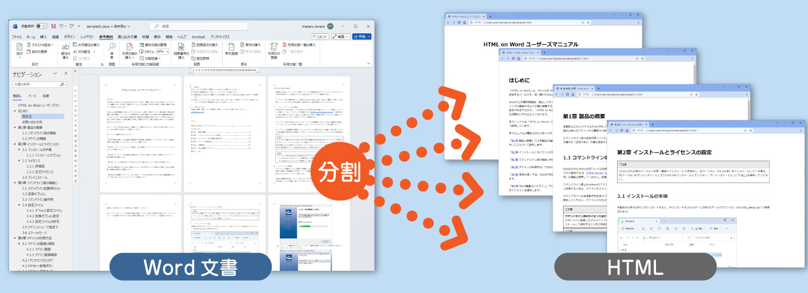 Word文書中の章や節など、指定したアウトラインレベル単位で分割してHTMLを出力できるようになりました。